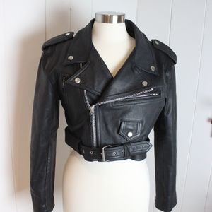 Leather Biker Motorcycle Jacket Cropped Medium